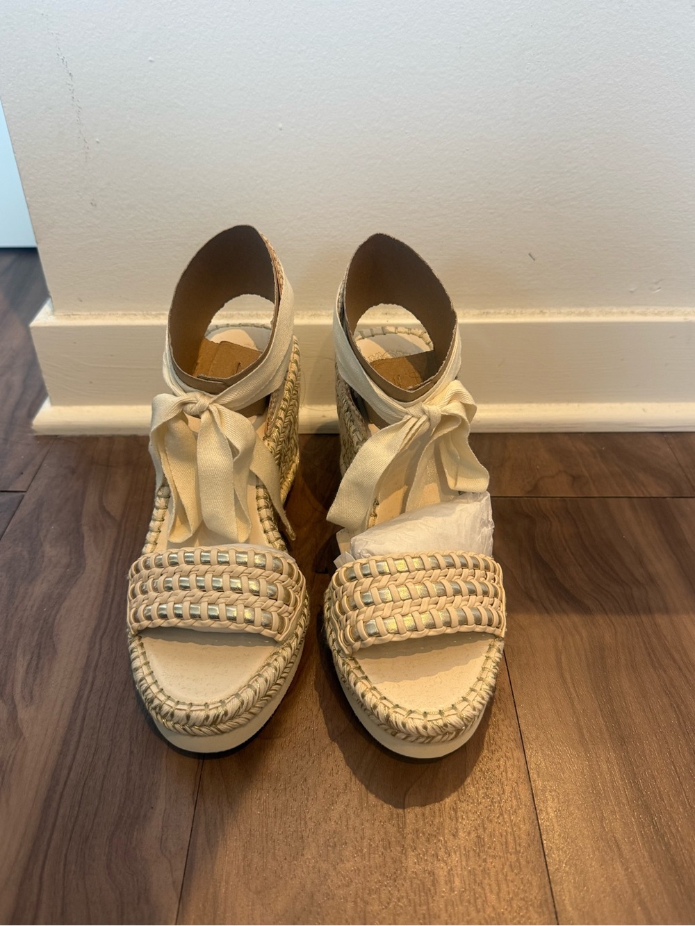 Vince Camuto Cream Woven Espadrille Wedge Sandals with Ankle Tie